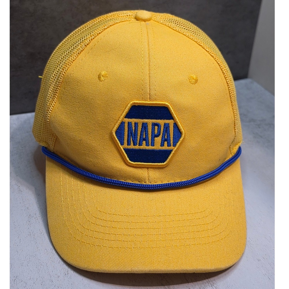 NAPA Auto Parts 100th Anniversary Trucker Hat Yellow Blue Rope Mesh Cap Mens